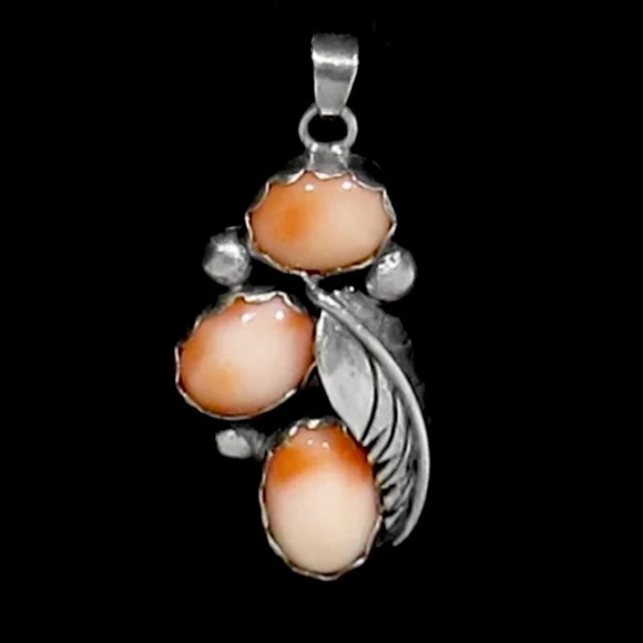 Signed Vintage 1970s Navajo Angel Skin Pink Coral Sterling Silver Pendant